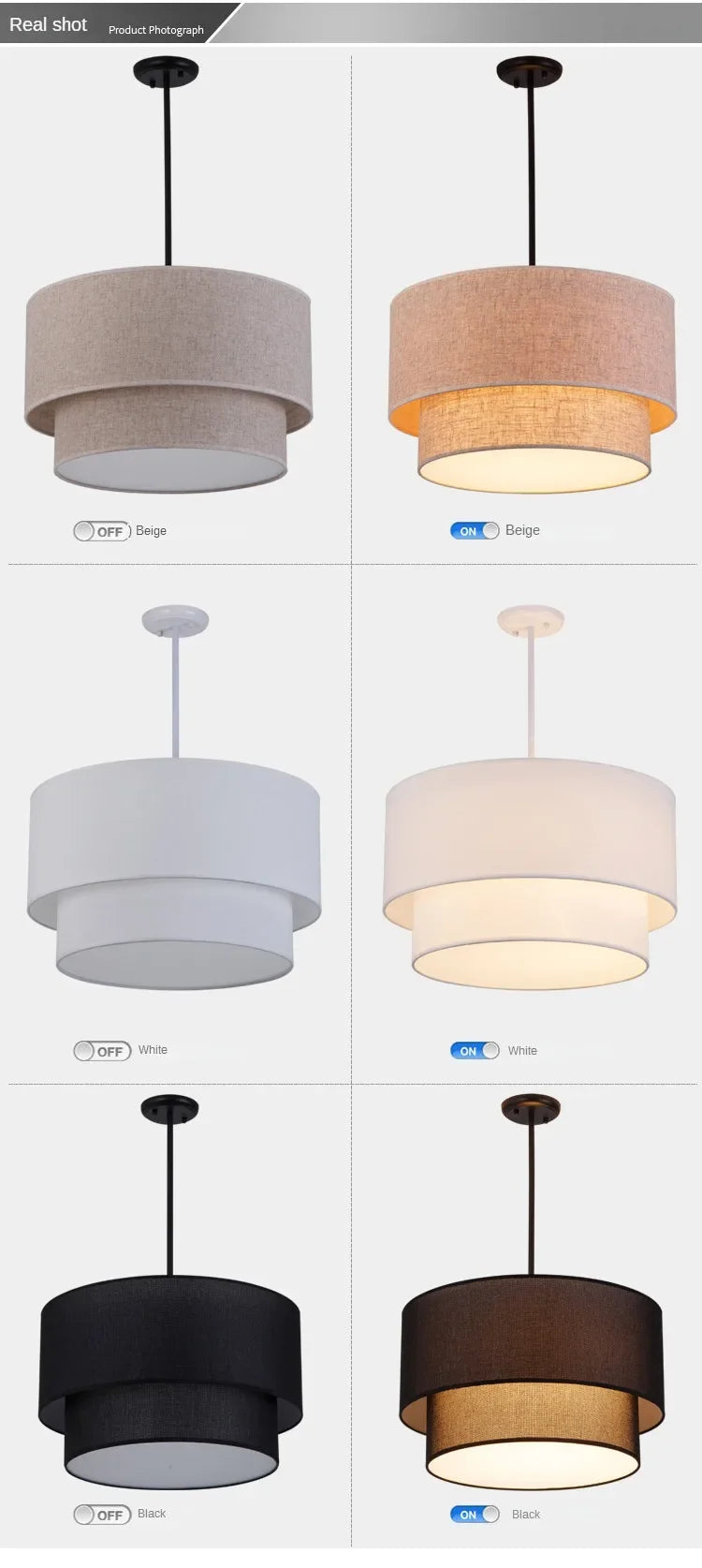 Modern Fixture E27 LED Minimalist Dining Room for Living Bedroom Study Double Linen White-Black-Beige Fabric Pendan Light - Adrianas Specialty Lamp Shades