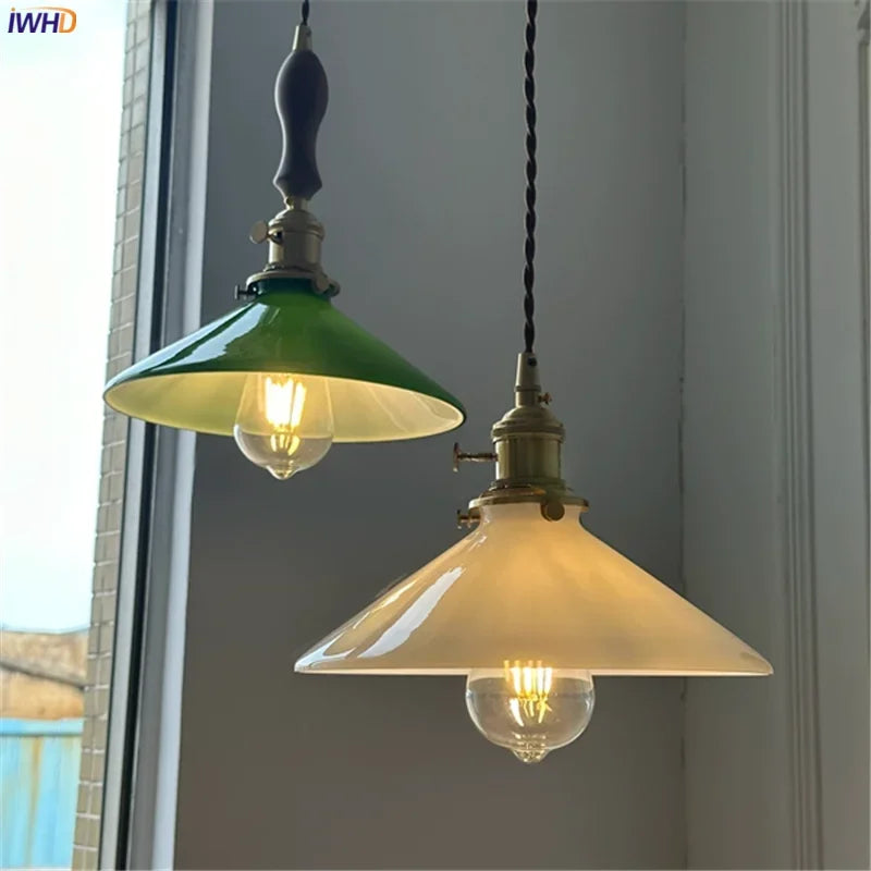 IWHD White Green Glass LED Pendant Lights Fixtures Copper Socket Wood Bedroom Living Room Stair Nordic Edison Handing Lamp