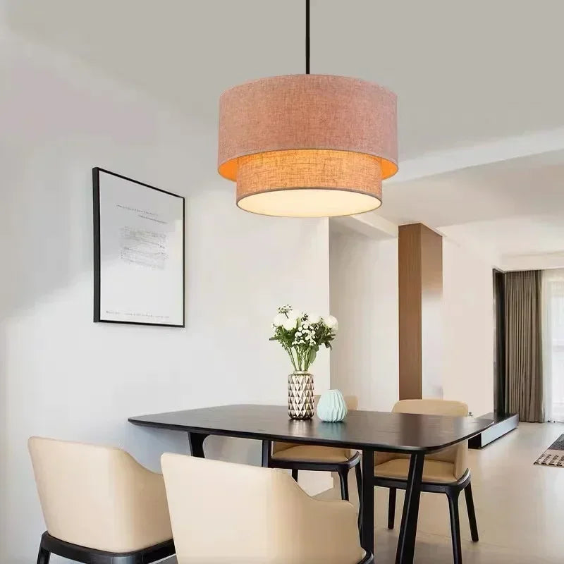 Modern Fixture E27 LED Minimalist Dining Room for Living Bedroom Study Double Linen White-Black-Beige Fabric Pendan Light - Adrianas Specialty Lamp Shades