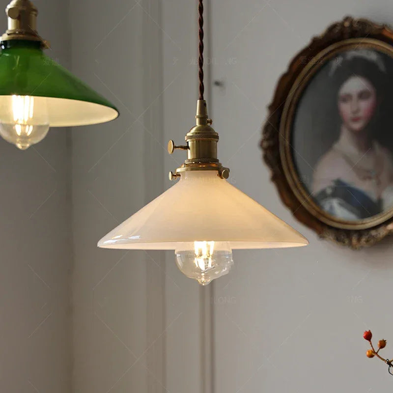 IWHD White Green Glass LED Pendant Lights Fixtures Copper Socket Wood Bedroom Living Room Stair Nordic Edison Handing Lamp