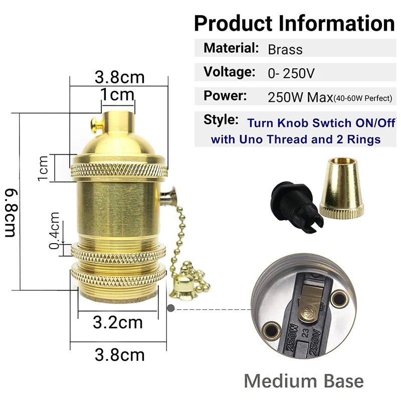2PCS E26 E27 Copper Lamp Socket Vintage Solid Brass Screw Lamp Holder With Switch - Adrianas Specialty Lamp Shades
