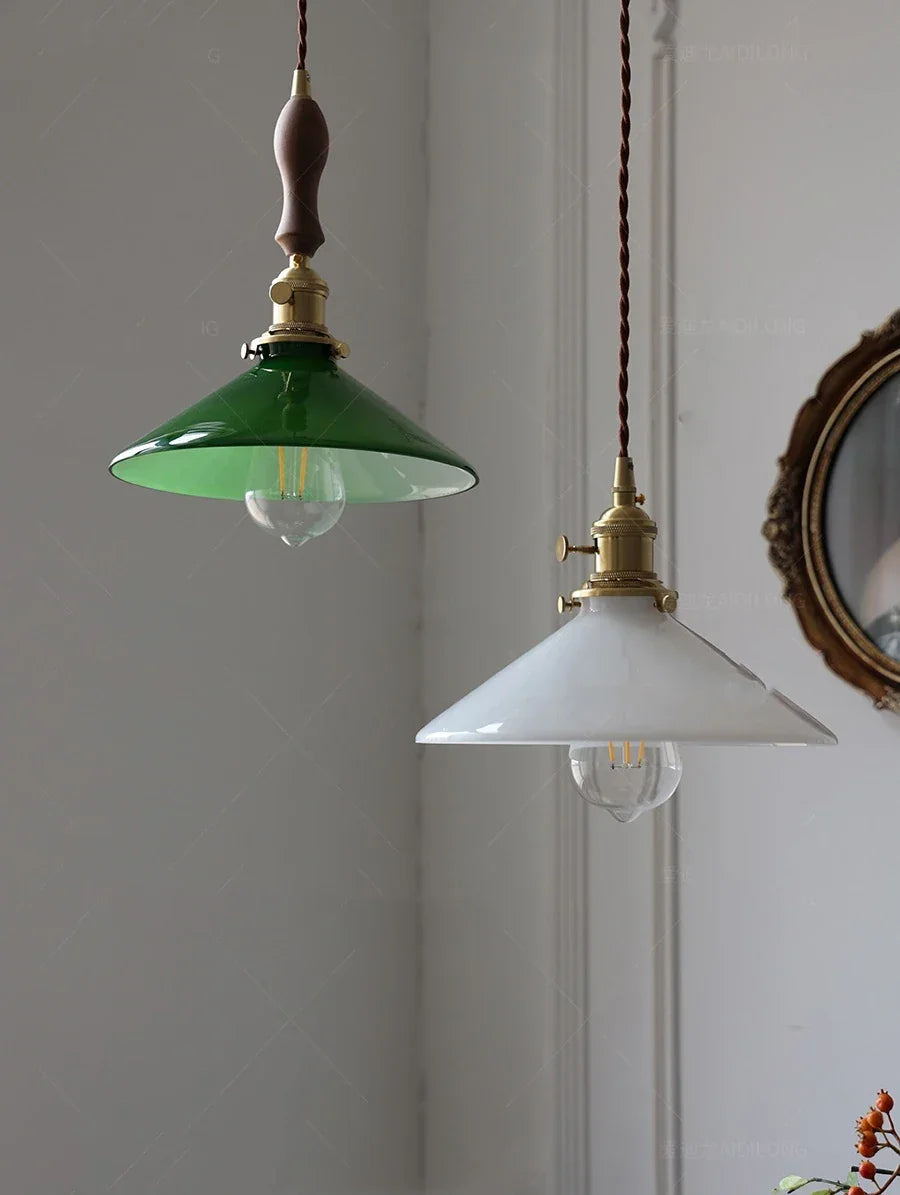 IWHD White Green Glass LED Pendant Lights Fixtures Copper Socket Wood Bedroom Living Room Stair Nordic Edison Handing Lamp