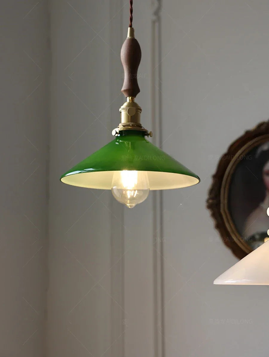 IWHD White Green Glass LED Pendant Lights Fixtures Copper Socket Wood Bedroom Living Room Stair Nordic Edison Handing Lamp