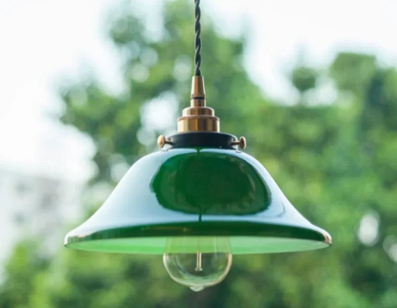IWHD Green Lotus Lampshade LED Pendant Lights Cafe Restaurant Bar Loft Living Room American Vintage Brass Glass Hanging Lamp