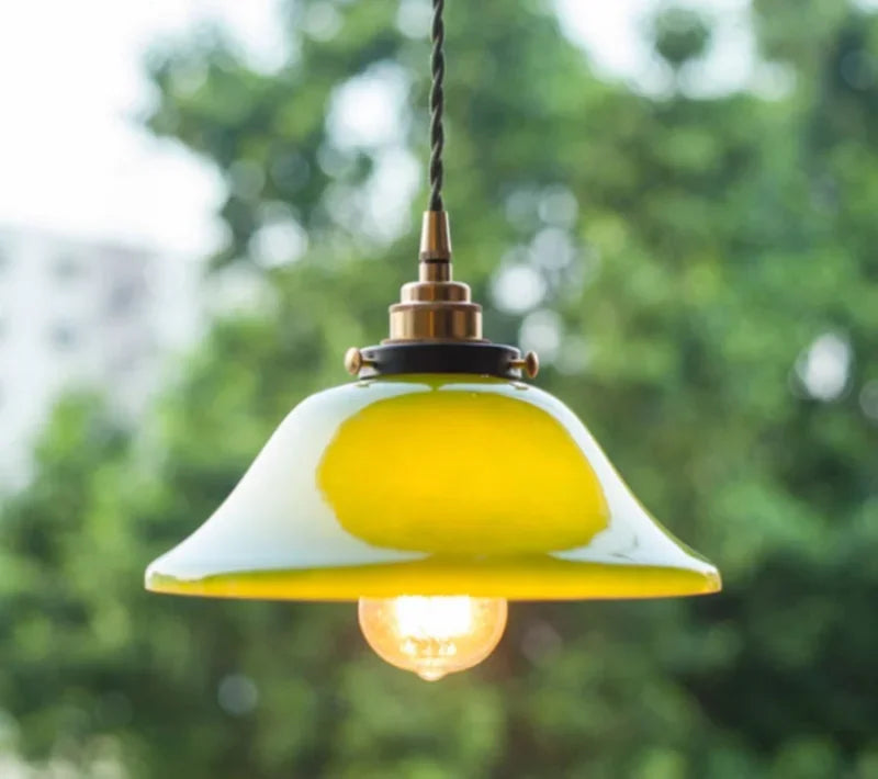 IWHD Green Lotus Lampshade LED Pendant Lights Cafe Restaurant Bar Loft Living Room American Vintage Brass Glass Hanging Lamp