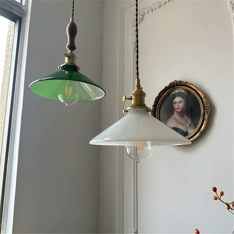 IWHD White Green Glass LED Pendant Lights Fixtures Copper Socket Wood Bedroom Living Room Stair Nordic Edison Handing Lamp