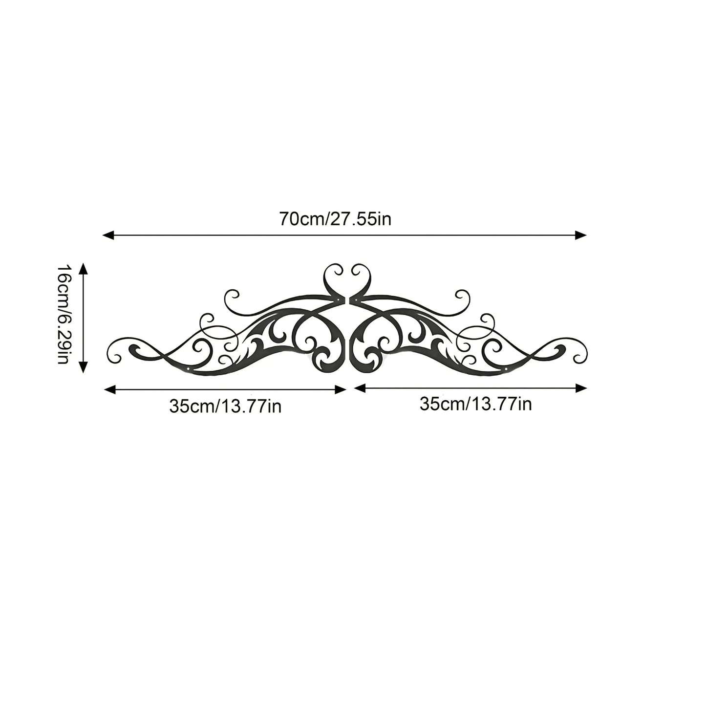 A Vintage-Style Symmetrical Patterned Metal Wall Art Featuring a Scroll with Vine Sculptures