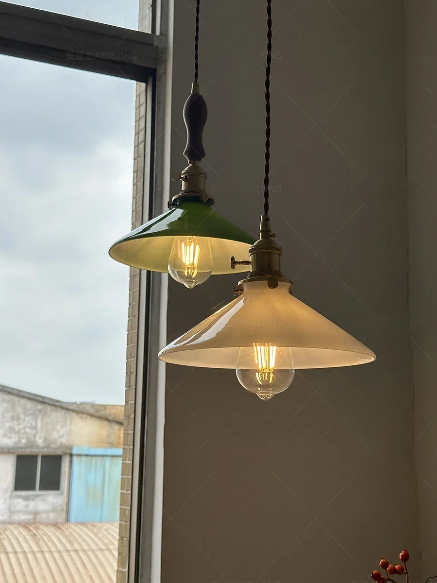 IWHD White Green Glass LED Pendant Lights Fixtures Copper Socket Wood Bedroom Living Room Stair Nordic Edison Handing Lamp