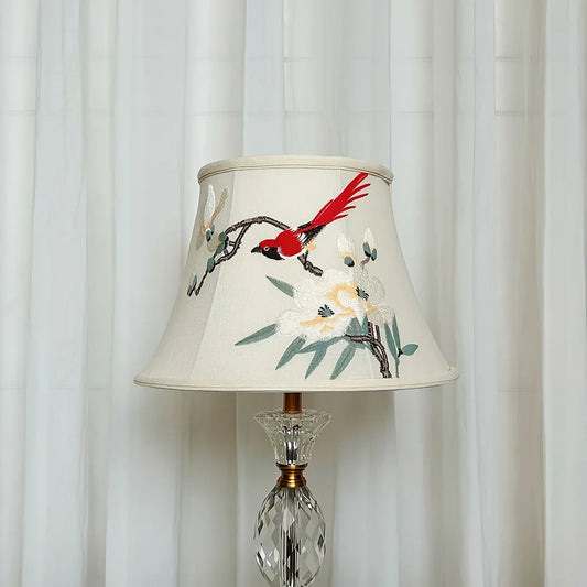 Vintage Hand-Embroidered Fabric Lampshade with Red Bird Floral Accents