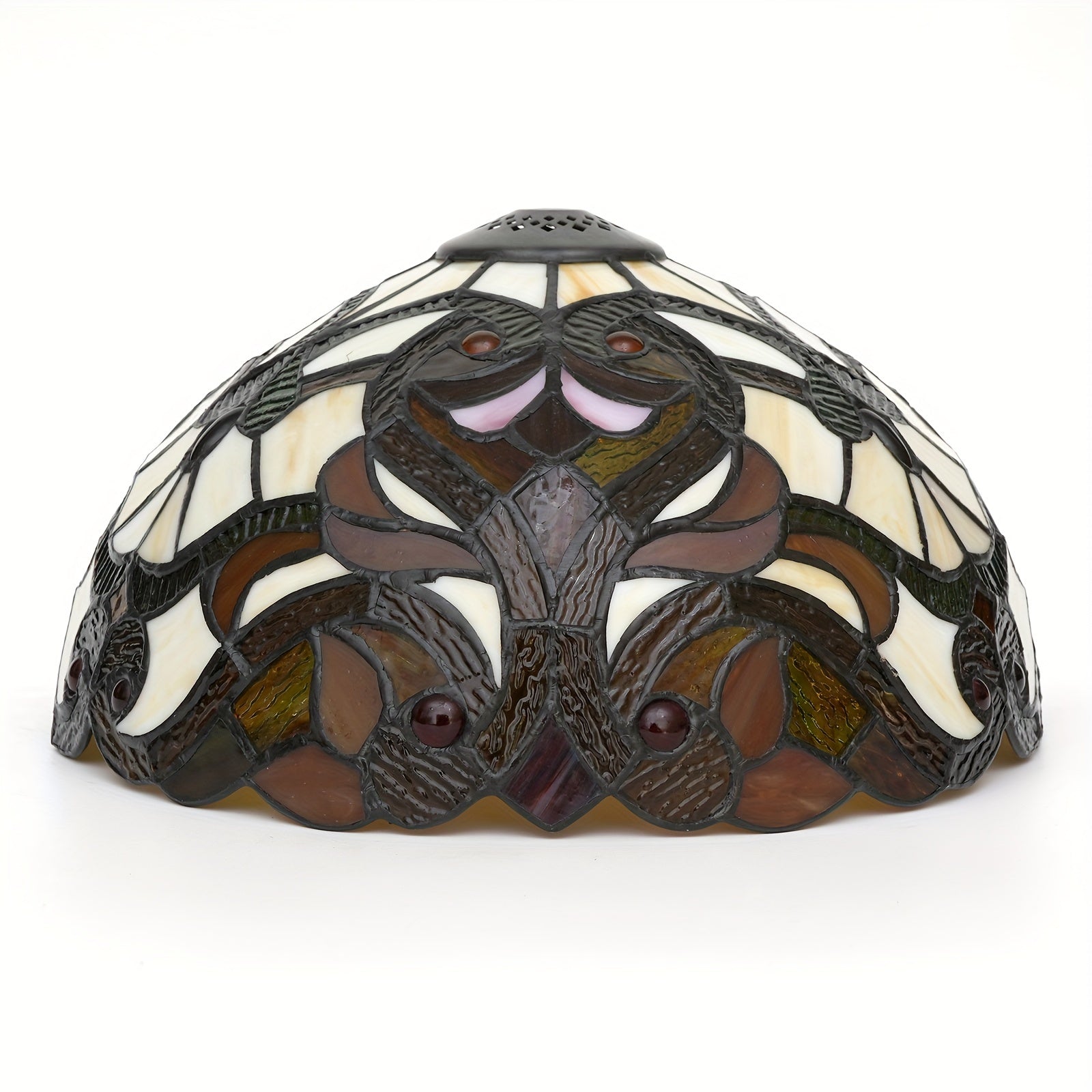 Stained Glass Lampshade with Crystal Beads & Green Leaves