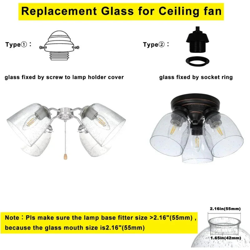 Pack Clear Seeded Glass Replacement Shades for Ceiling Fan Light Fixtures Pendant Lighting Chandelier Vanity Light Kitchen Island Light 2 1 8 Fitter 5 47 High 4 76 Diameter