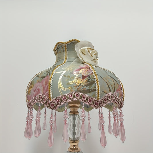 Vintage Art Deco Fabric Lampshade with Pink Floral & Golden Accents, Pearls & Crystal Bead Tassels - Non-Electrical Table Lamp Cover for Home Decor - Adrianas Specialty Lamp Shades