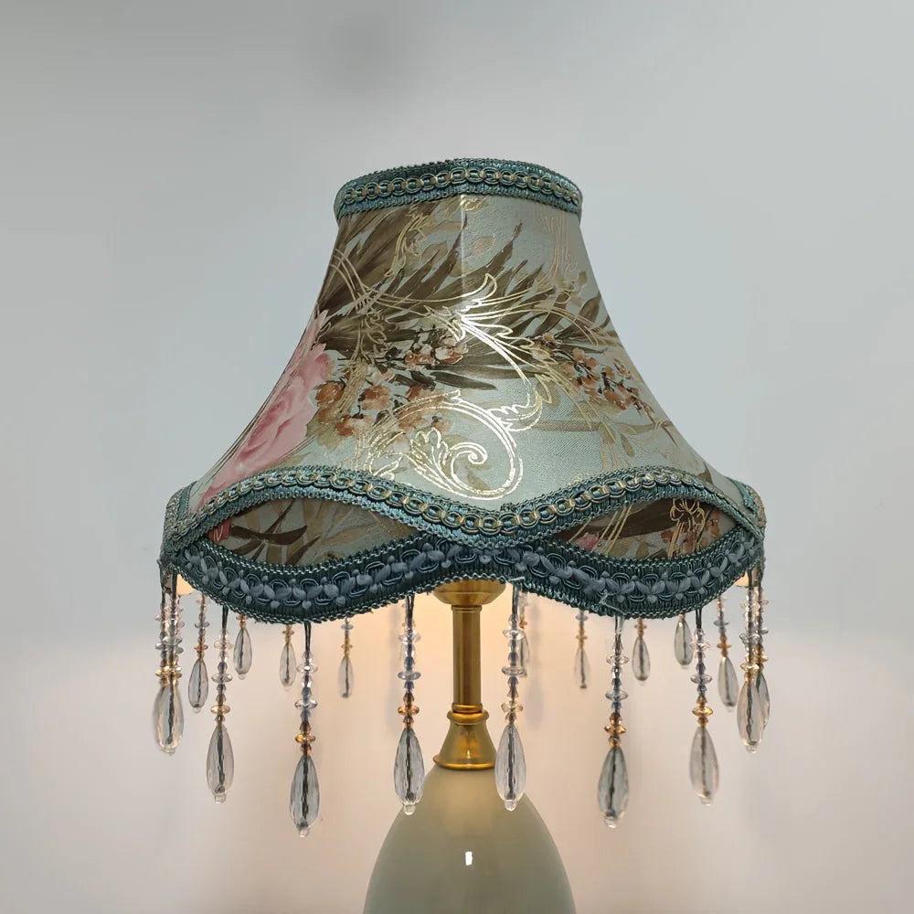 New Chinese-Style Printed Lampshade with Bead Fringe Trim - Vintage Palace Design, Compatible with Various Table lamps
