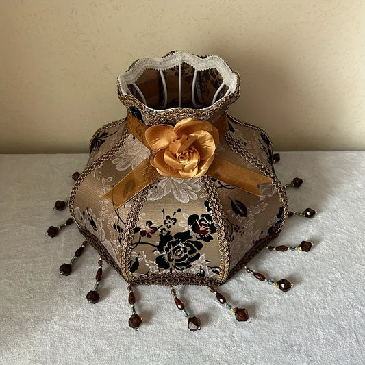 Rose Floral Handmade Fabric Lampshade with Brown Crystal Pendant - Traditional Chenille Design, No Electricity Needed, Perfect for Home Decor, Living Room, Bedroom, or Office, Living Room Lampshade | Elegant Lampshade