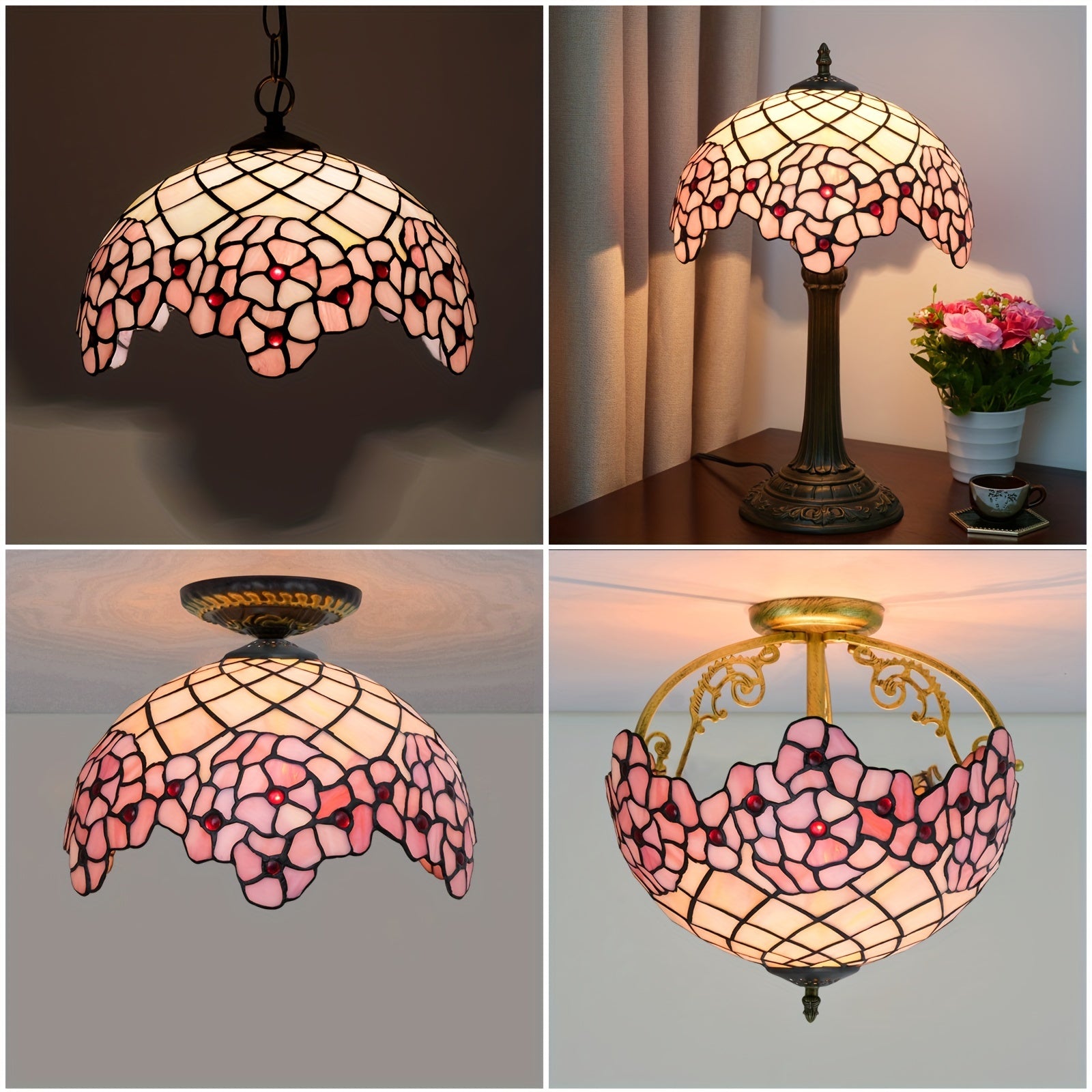 12 Pink Cherry Blossom Tiffany Stained Glass Lamp Shade - Handcrafted American Pastoral Elegance for Table, Chandelier, or Ceiling - Unique Romantic Personality Light Fixture - Adrianas Specialty Lamp Shades