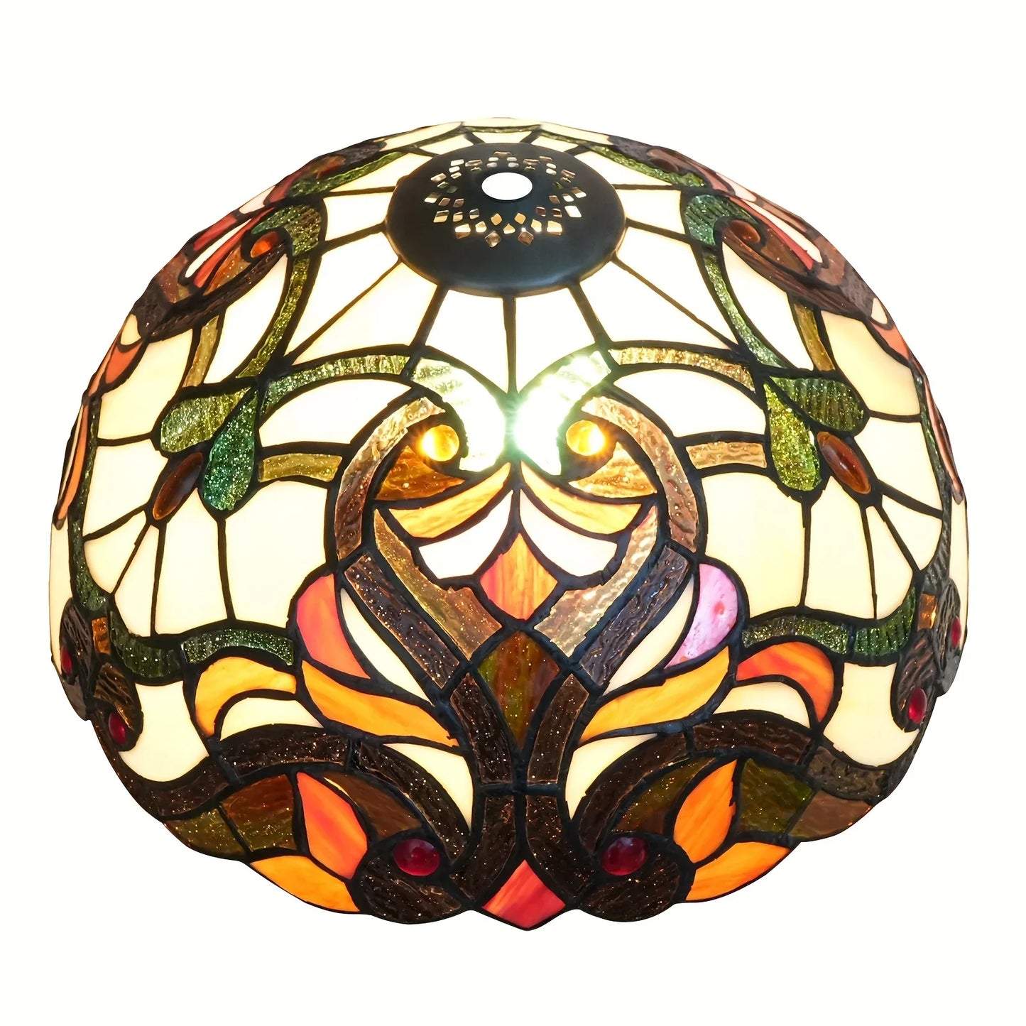 Stained Glass Lampshade with Crystal Beads & Green Leaves