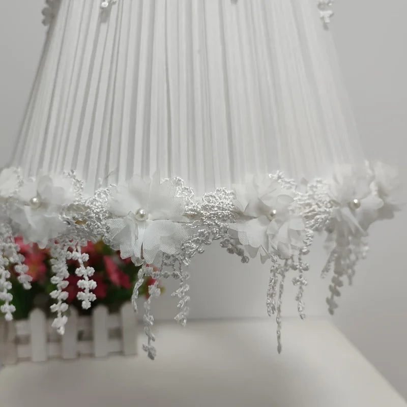 Elegant White Lace Fabric Table Lamp Shade with Crystal Drops