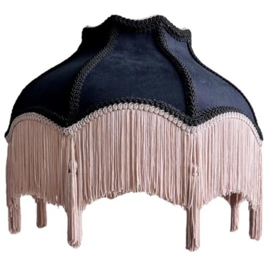Tristan Home Premium Classic Victorian Style Bell Shape Scallop Velvet Lamp Shade with Tassels and Fringe | 14.5inch Width, 11inch Height, Black and Flush Pink Medium - Adrianas Specialty Lamp Shades