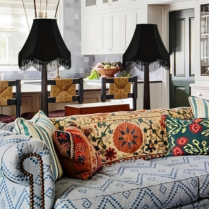 Set of 2 Elegant Black Satin Bell Lampshades with Fringe Trim