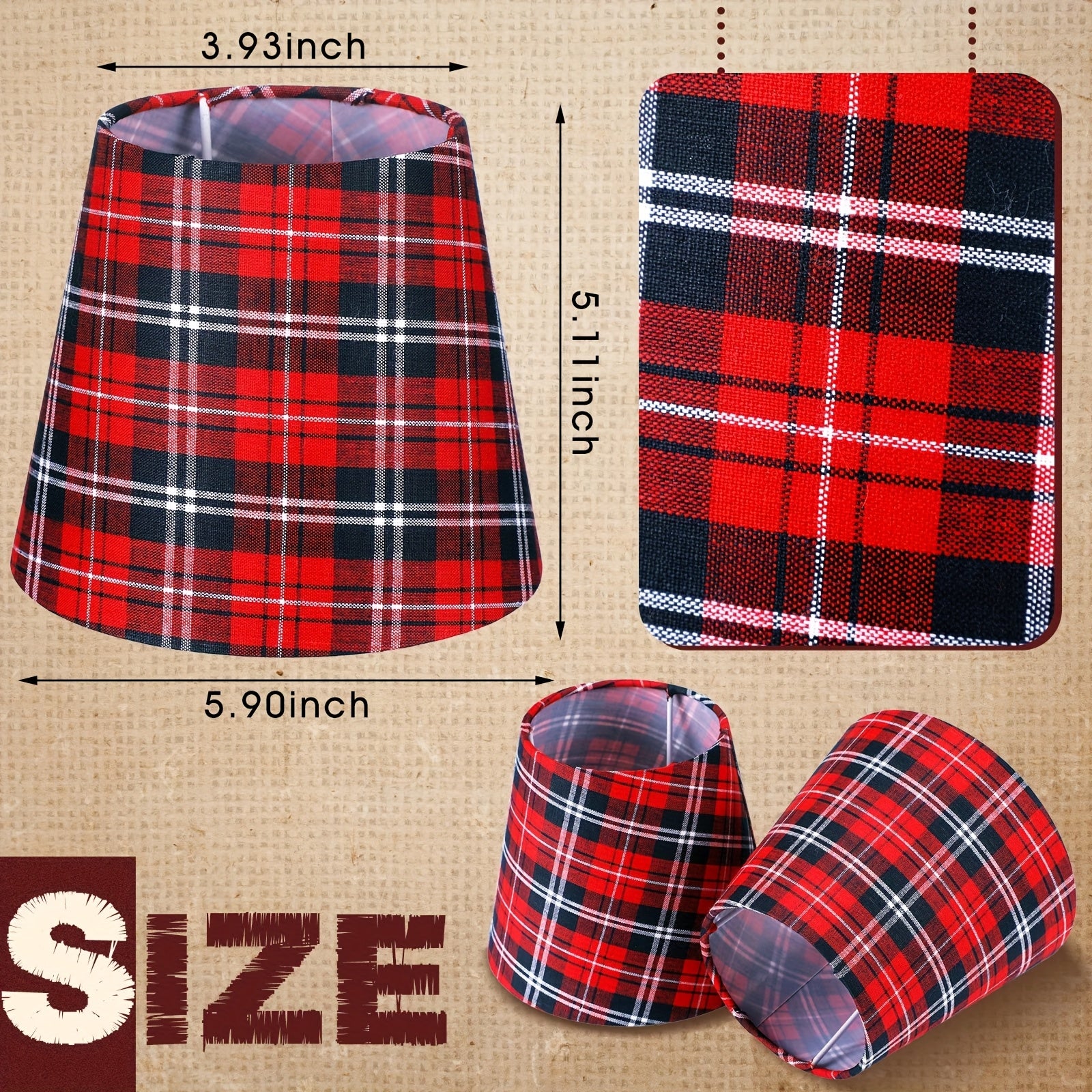 6pcs Red Plaid Chandelier Lamp Shades Set - Hardback Conical Drop Fixtures with Golden-Toned Caps, Compatible with 6-Bulb Fixtures, Plastic Replacement Shades for Modern Ceiling/Wall (5.91"W x 5.12"H) - Holiday & Decor