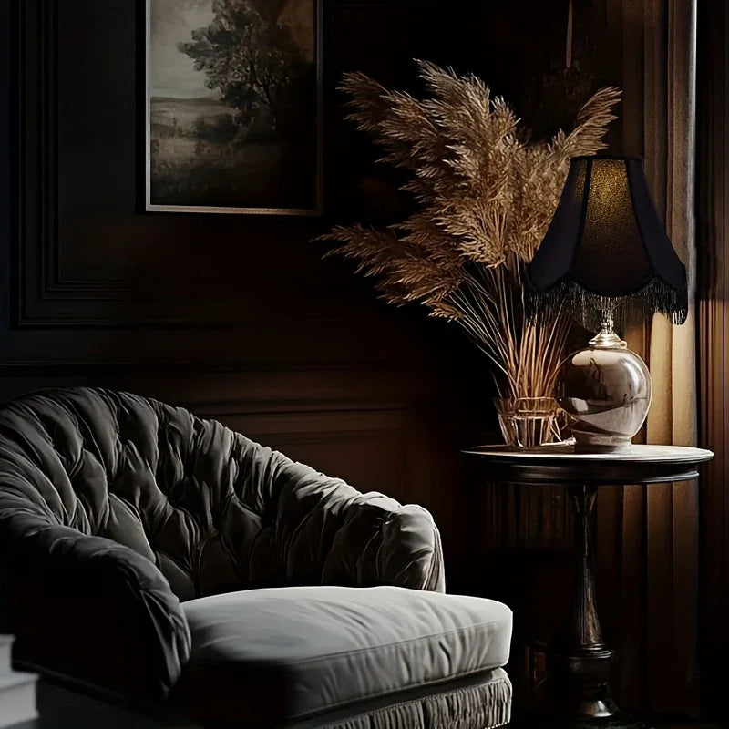 Set of 2 Elegant Black Satin Bell Lampshades with Fringe Trim