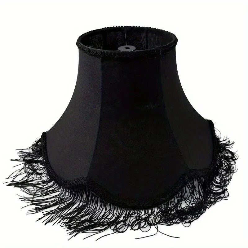 Set of 2 Elegant Black Satin Bell Lampshades with Fringe Trim