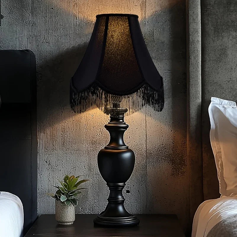 Set of 2 Elegant Black Satin Bell Lampshades with Fringe Trim