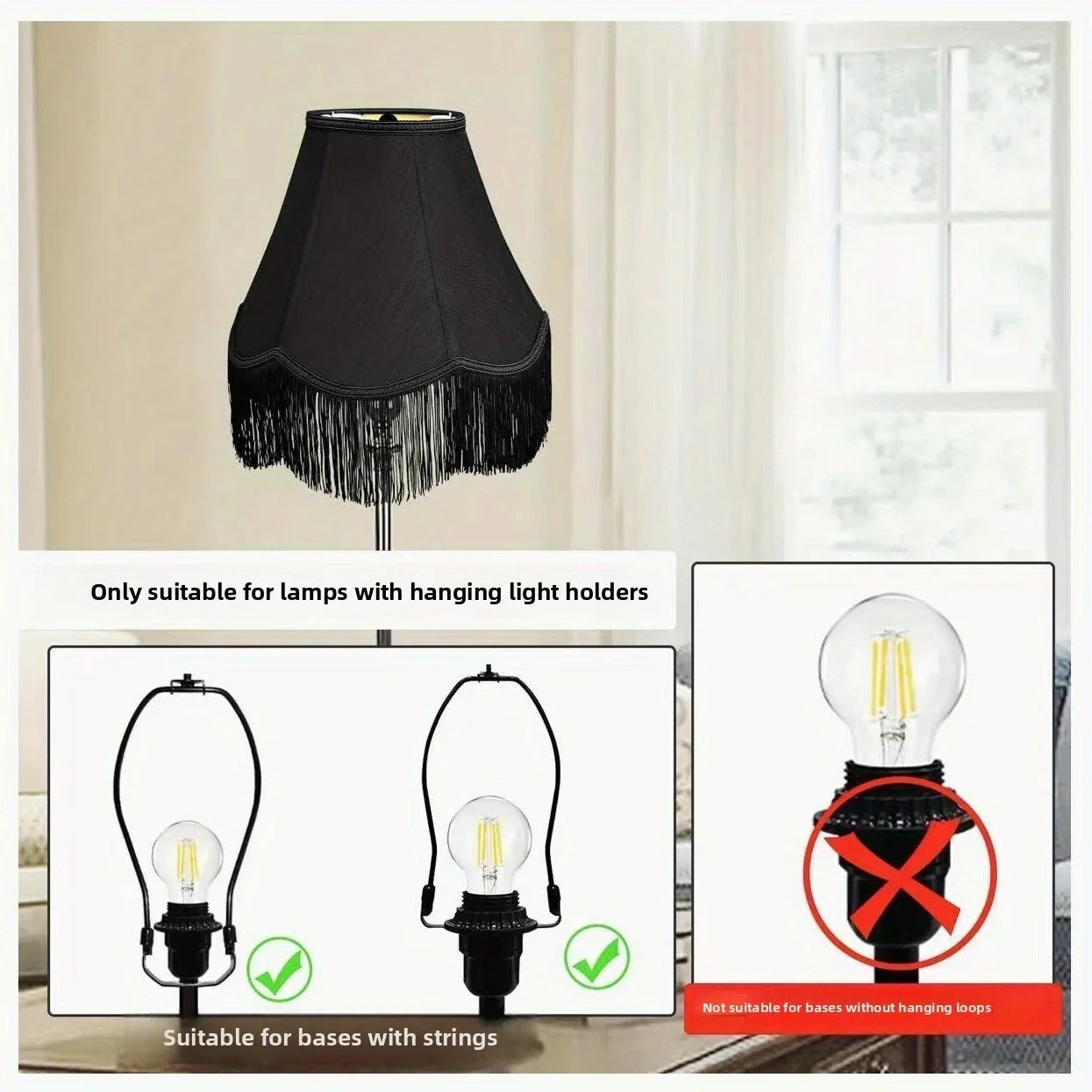 Set of 2 Elegant Black Satin Bell Lampshades with Fringe Trim