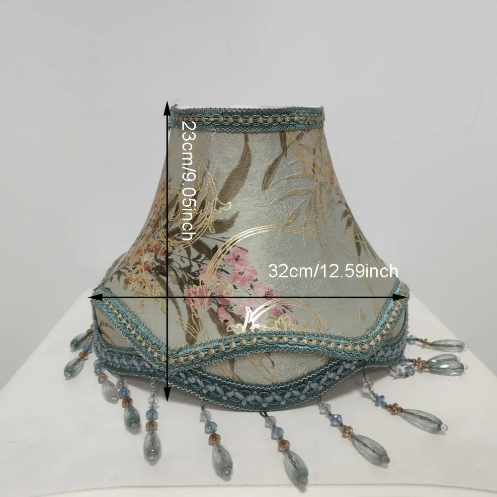 New Chinese-Style Printed Lampshade with Bead Fringe Trim