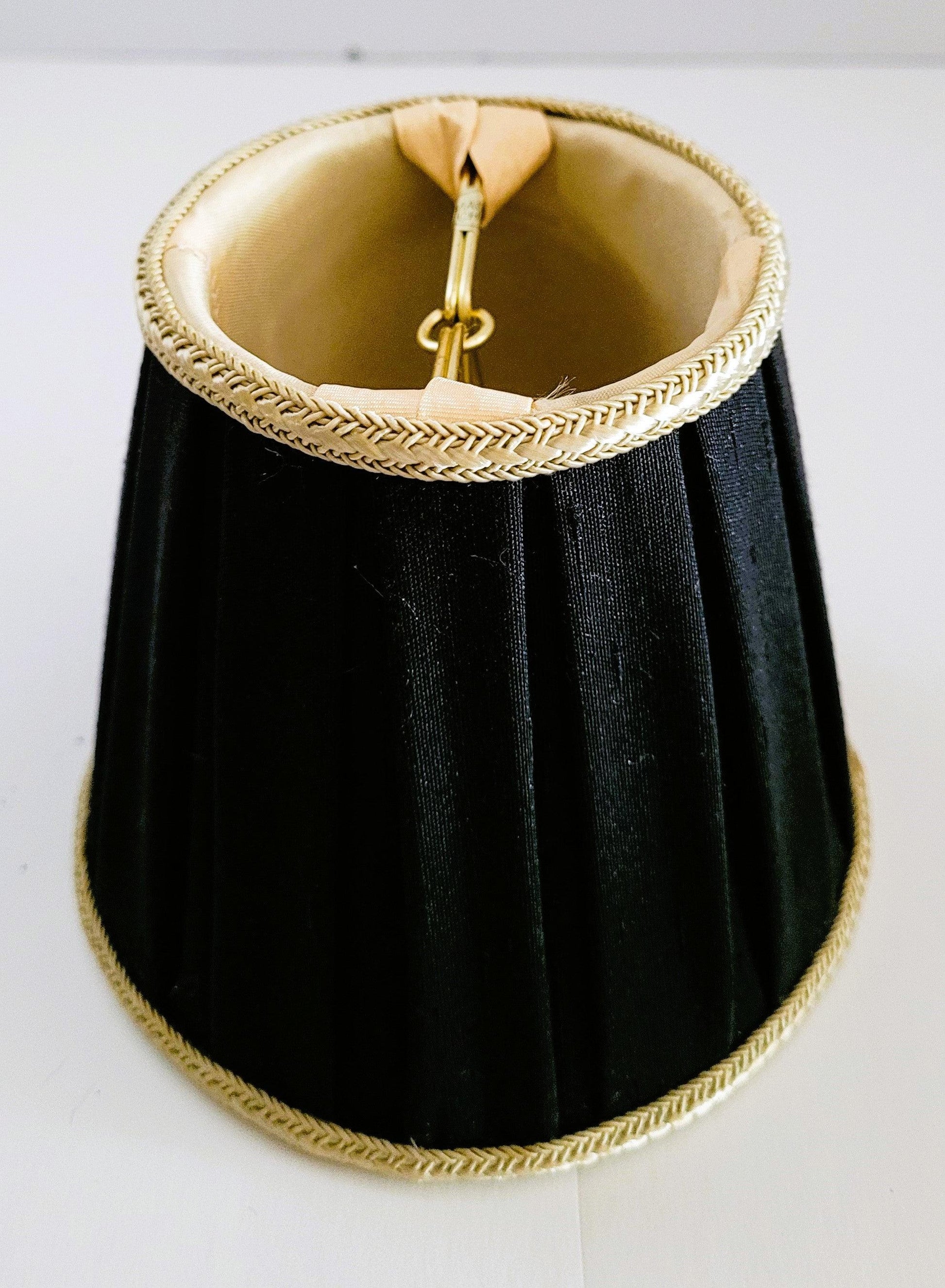 Luxurious Black Box Pleated Chandelier Shade with Gold Lining box pleat chandelier shades Adrianas Specialty Lamp Shades