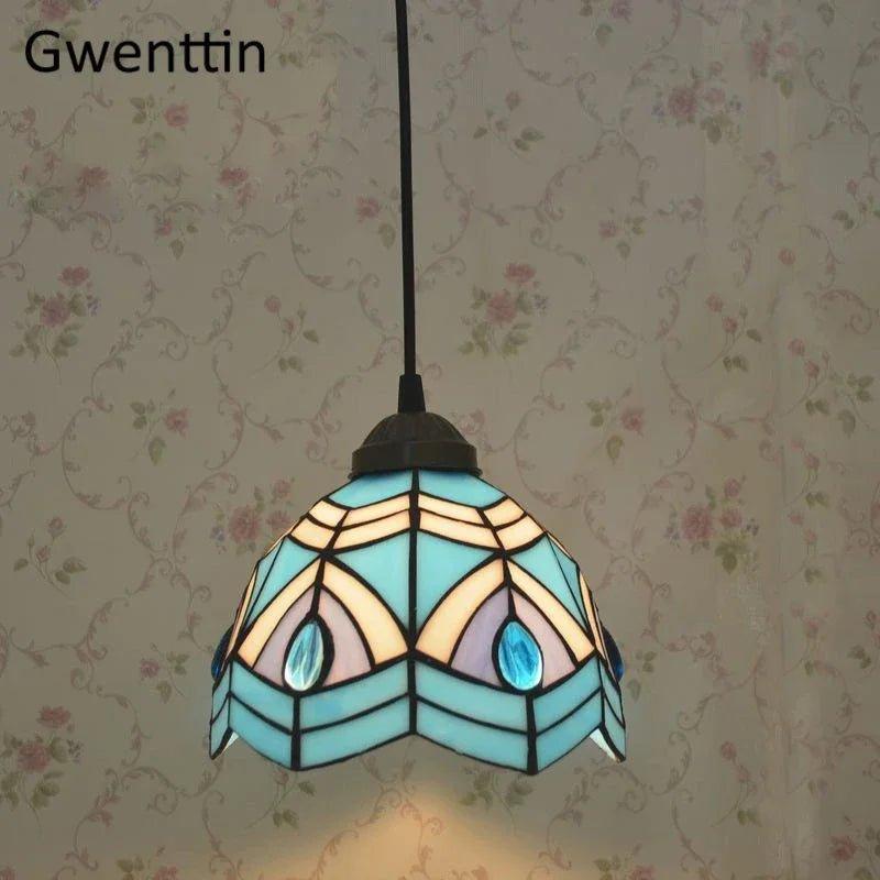 Tiffany Pendant Lights Mediterranean Loft Home Decor Creative Stained Glass Hanging Lamp Bedroom Dining Room Lighting Fixtures stained glass lampshades Adrianas Specialty Lamp Shades E2-D18CM
