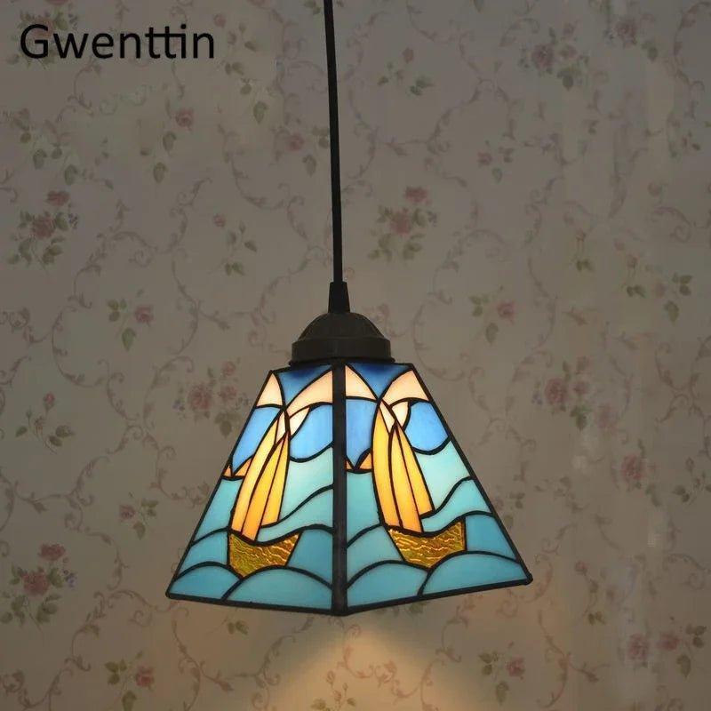 Tiffany Pendant Lights Mediterranean Loft Home Decor Creative Stained Glass Hanging Lamp Bedroom Dining Room Lighting Fixtures stained glass lampshades Adrianas Specialty Lamp Shades K-D15CM