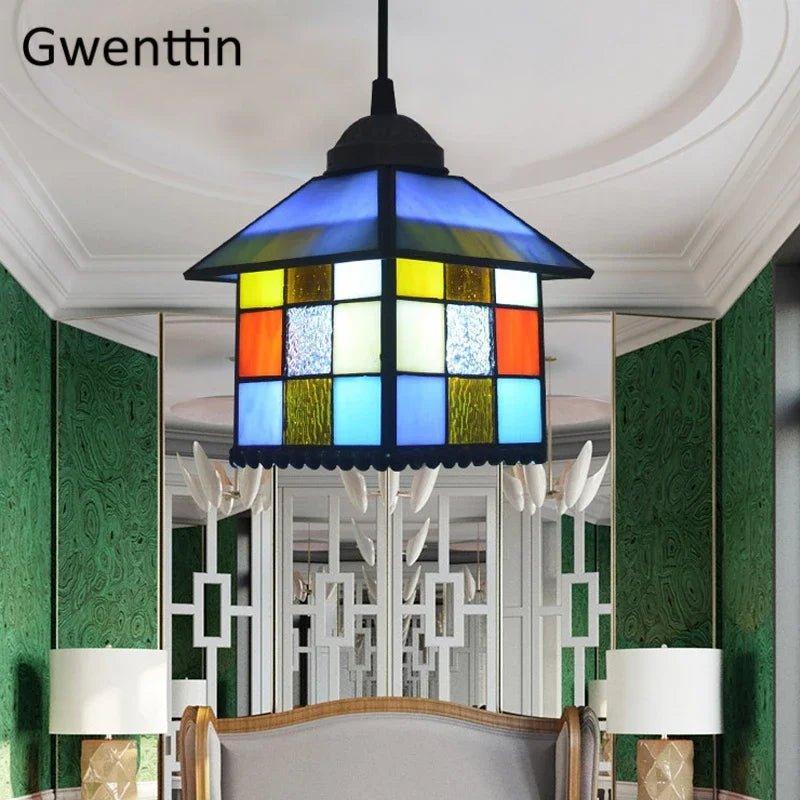 Tiffany Pendant Lights Mediterranean Loft Home Decor Creative Stained Glass Hanging Lamp Bedroom Dining Room Lighting Fixtures stained glass lampshades Adrianas Specialty Lamp Shades
