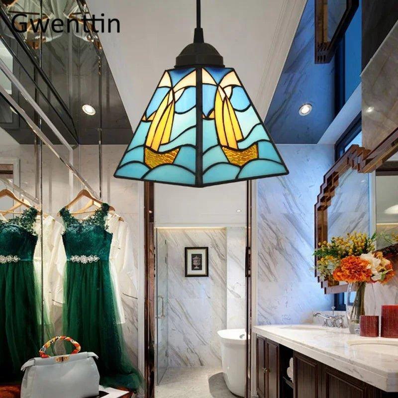 Tiffany Pendant Lights Mediterranean Loft Home Decor Creative Stained Glass Hanging Lamp Bedroom Dining Room Lighting Fixtures stained glass lampshades Adrianas Specialty Lamp Shades