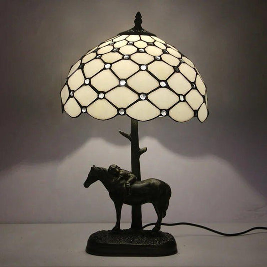 Tiffany Resin Horse Base Table Lamp With 12Inch Stained Glass Lampshade Handcrafted Creative Desk Lamp - Specialty Shades