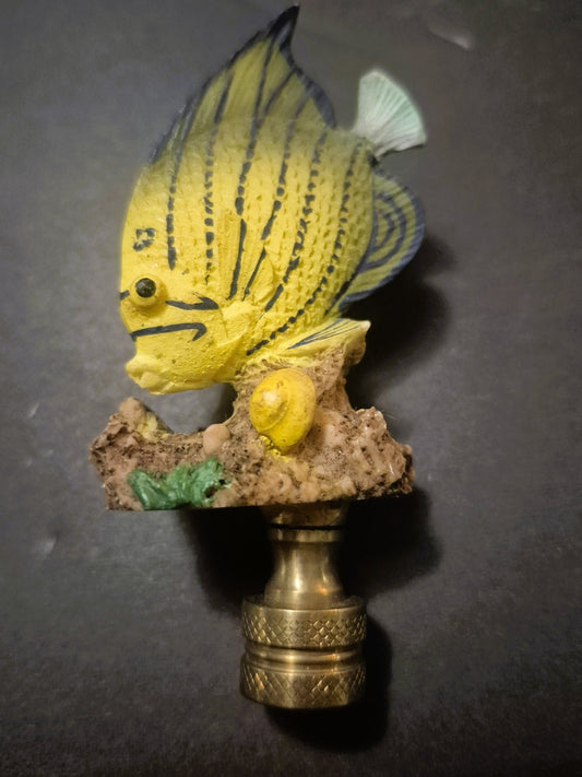 Tropical Angelfish Lamp Finial – Hand Painted Fish on Coral Base – Brass Finish - Adrianas Specialty Lamp Shades